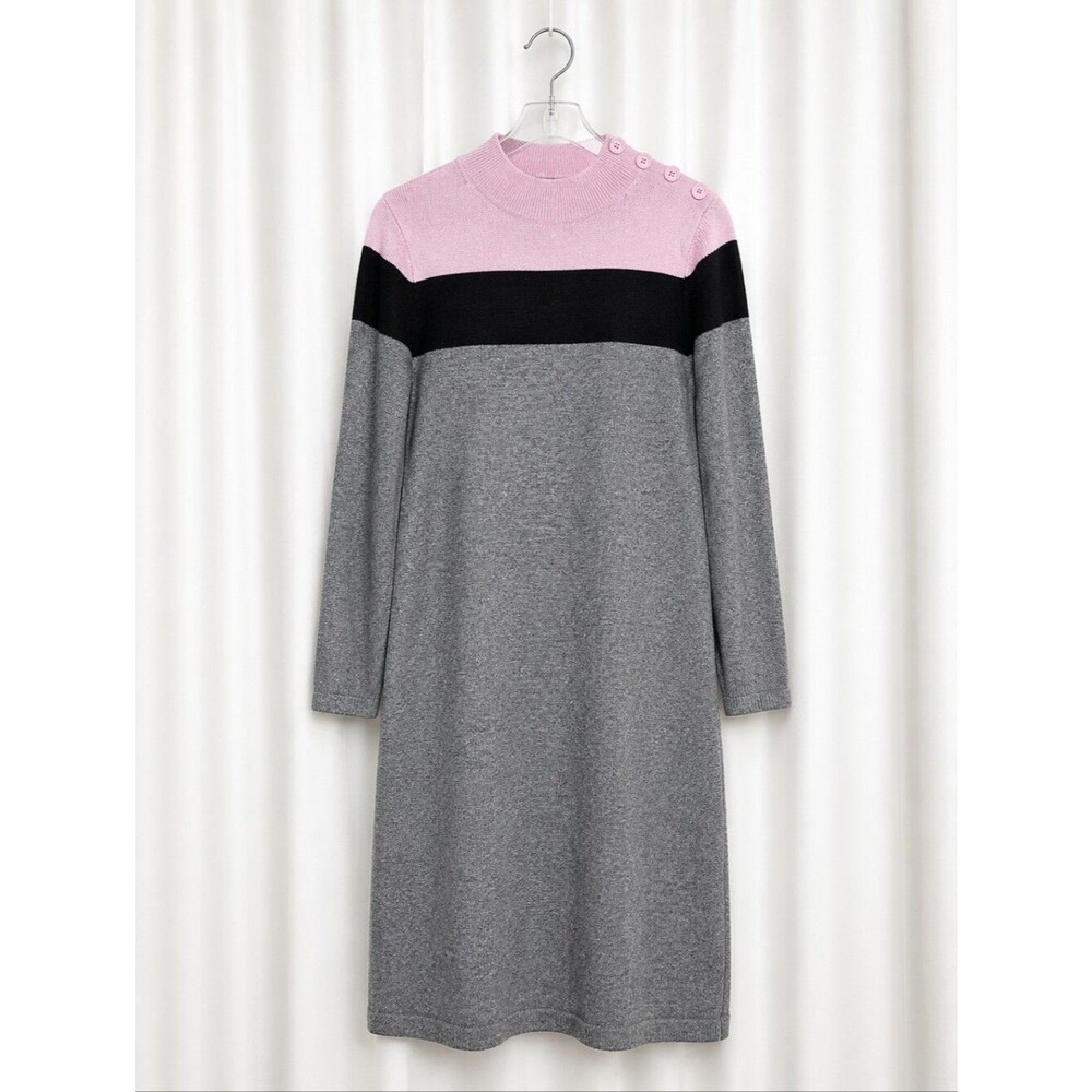 Talbots Pink Gray Black Colorblock Cashmere Blend Mock Neck Knit Sweater Dress